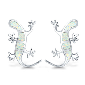 Lizard Stud Earrings Lab Created White Opal 925 Sterling Silver (21mm)
